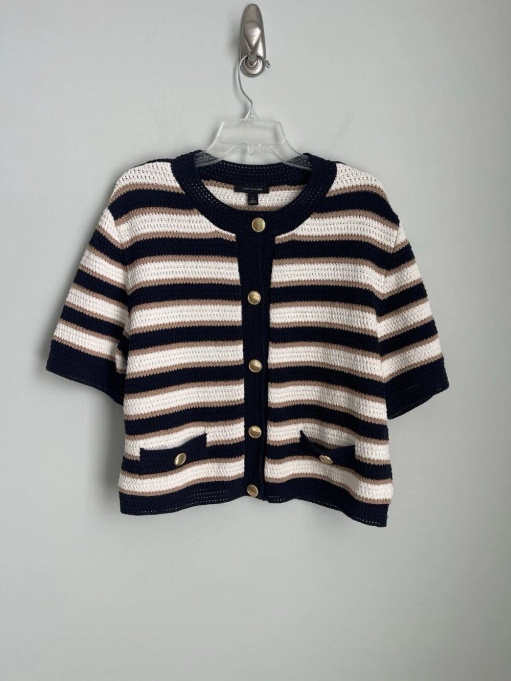 Ann Taylor Navy Cream Striped 100% Cotton Short Sleeve Cardigan Sweater - Picture 6 of 6